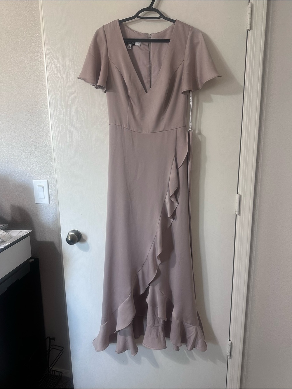 David’s Bridal Wrap Dress with flutter sleeves Size 4 Color: Biscotti